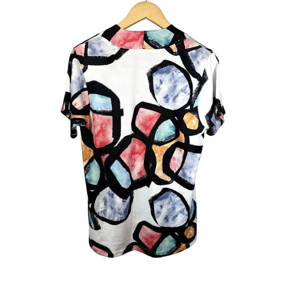VIA RITINA Women's Abstract Watercolor V-Neck Short Sleeve Top White Size Medium - Picture 5 of 6